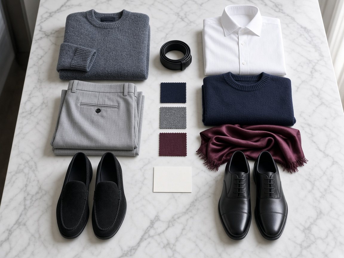 Two matching outfits ready on a marble table, with knitwear, a shirt, shoes, a scarf and fabric swatches