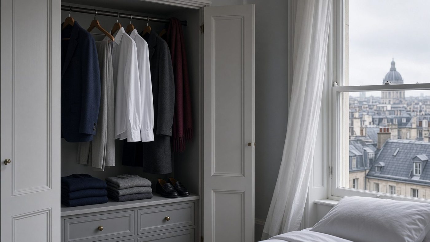 A wardrobe of clothes on hangers by a window over city rooftops